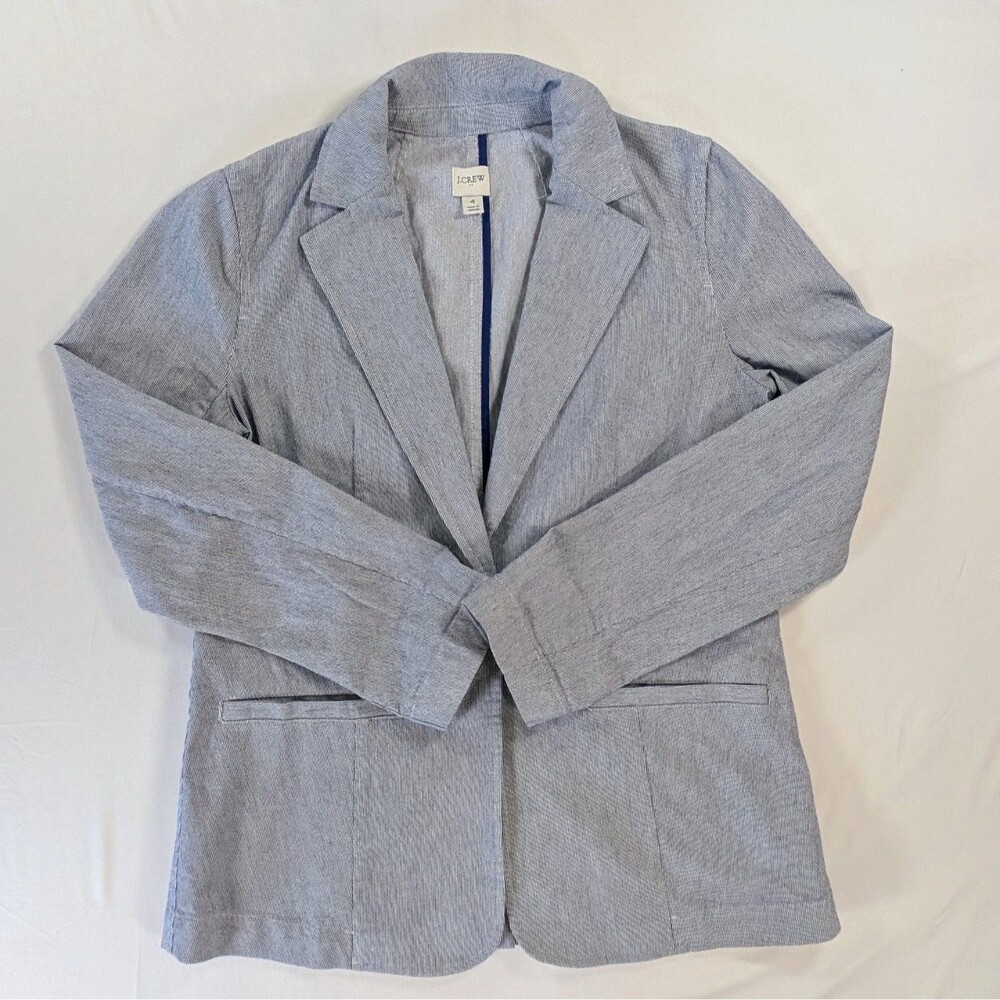 J Crew Women's Regent Seersucker Blazer Size 4 Blue White Pinstripe Cotton